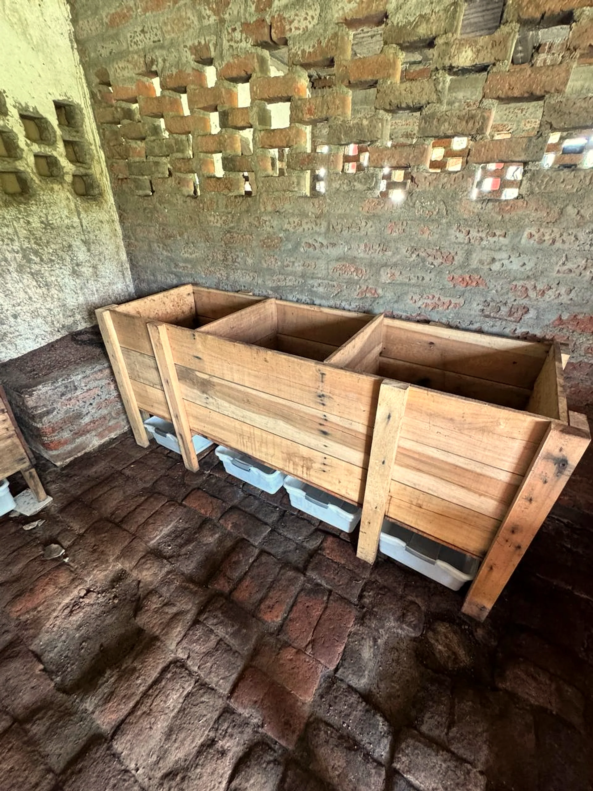 Wide view of the fermentation room — wooden boxes lined with banana leaves, mid-process, steam rising in the shaft of light.